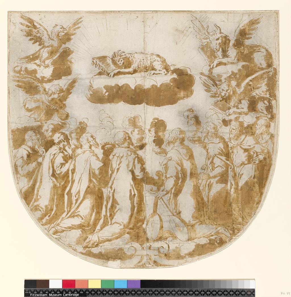 An image of PALMA, Jacopo, Il Giovane. Venice 1544 or 1548-1628 VeniceDesign for an embroidered cope: Worshipping the Lamb - Revelation, V, 6- 8Pen and brown ink, brown wash, the back blackened and the front pricked for transfer, on two pieces of paper443 x 471 mm [maximum]; 402 x 471 maximum and 41 x 240 mm [maximum]