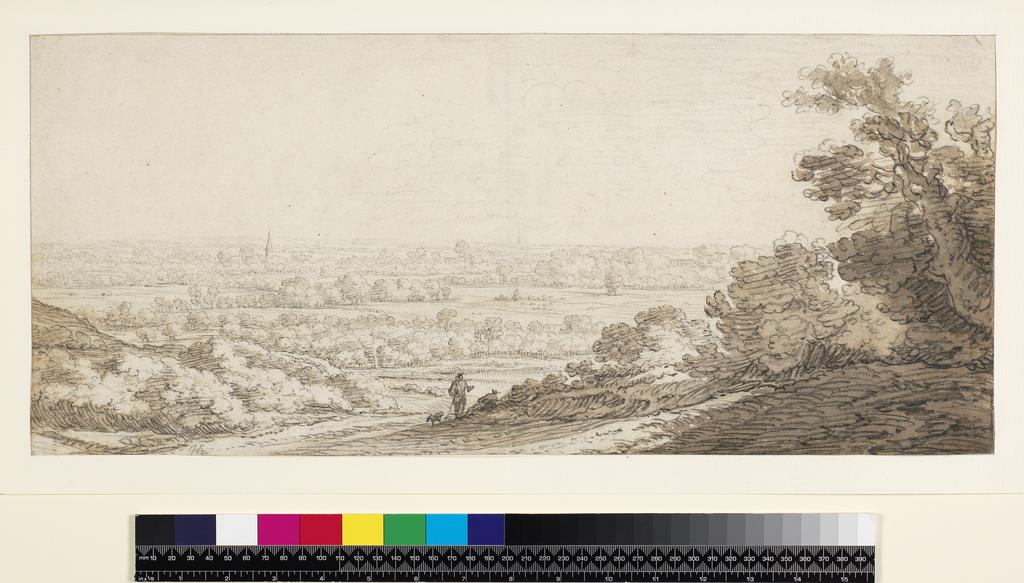 An image of A panoramic view near Wageningen. Saftleven, Herman (Dutch, 1609-1685 ). Black chalk, brown and grey wash, on paper, height 226mm, width 518mm, 17th Century.