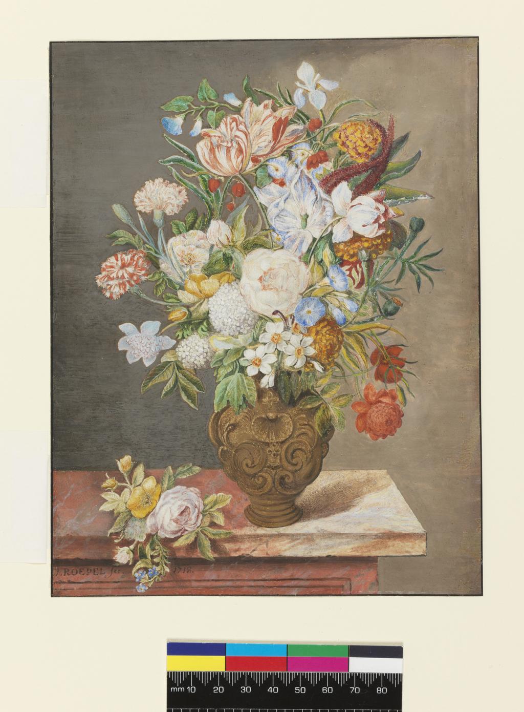 An image of Forget-me-not, convolvulus minor, 'broken' tulips, iris, anemones, carnations, French marigolds, gelda rose (vibernum opulus 'sterile') narcissus, rosa foetida and rosa centifolia, love lies bleeding (amaranthus) and others in a vase on a marble ledge. Roepel, Coenraet (Dutch, 1678-1748). Watercolour and bodycolour on vellum, height 205 mm, width 160 mm, 1718.