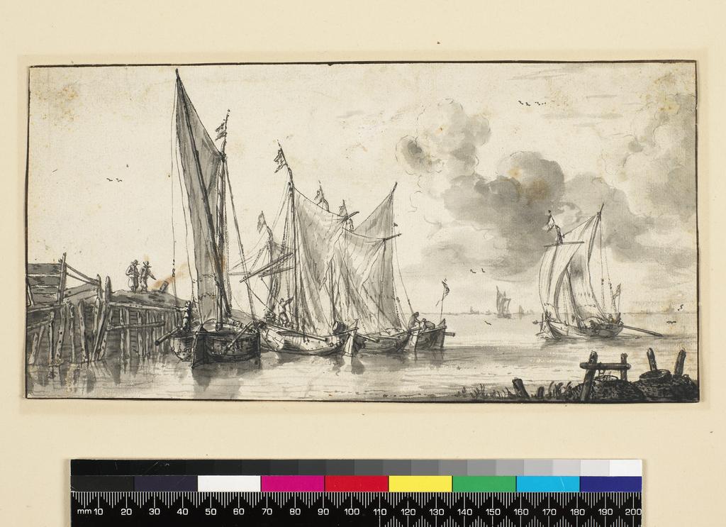An image of Fishing boats off a jetty. Zeeman, Reinier (Dutch, 1623-1667). Pen, Indian ink, Indian ink wash, on paper, height 120 mm, width 239 mm.