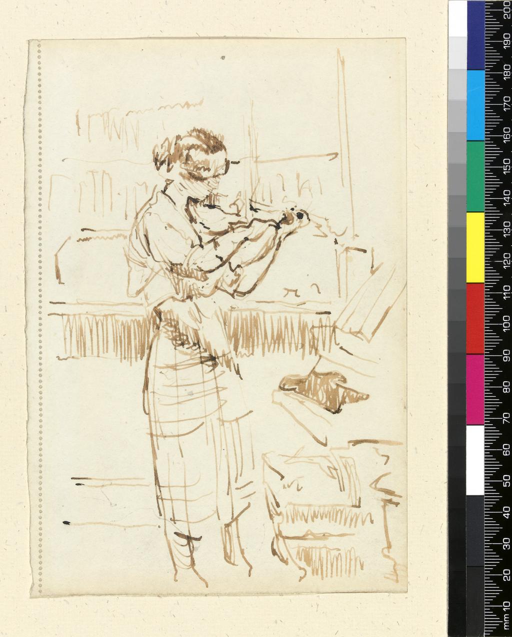 An image of Girl Playing a Violin. Sickert, Walter Richard. Pen and ink on paper, height 177 mm, width 122 mm.