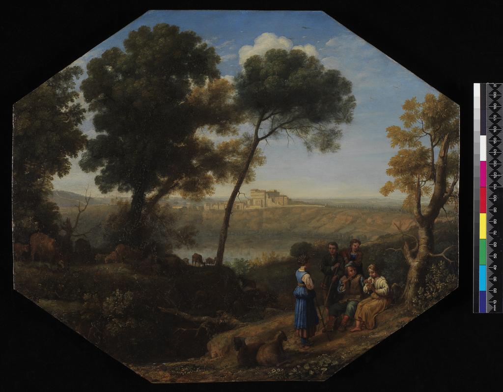 An image of Pastoral landscape with Lake Albano and Castel Gandolfo. Claude Lorrain (French, 1600-1682). Oil on tin, height 30.5 cm, width 37.5 cm, 1639.