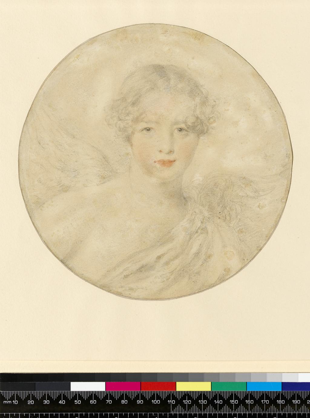 An image of Portrait of Cassandra Isabella Barwick. Lawrence, Thomas (British, 1769-1830). Graphite with some red chalk at lips, nostrils, cheeks and around eyelids, on paper, diameter 178 mm, circa 1820.