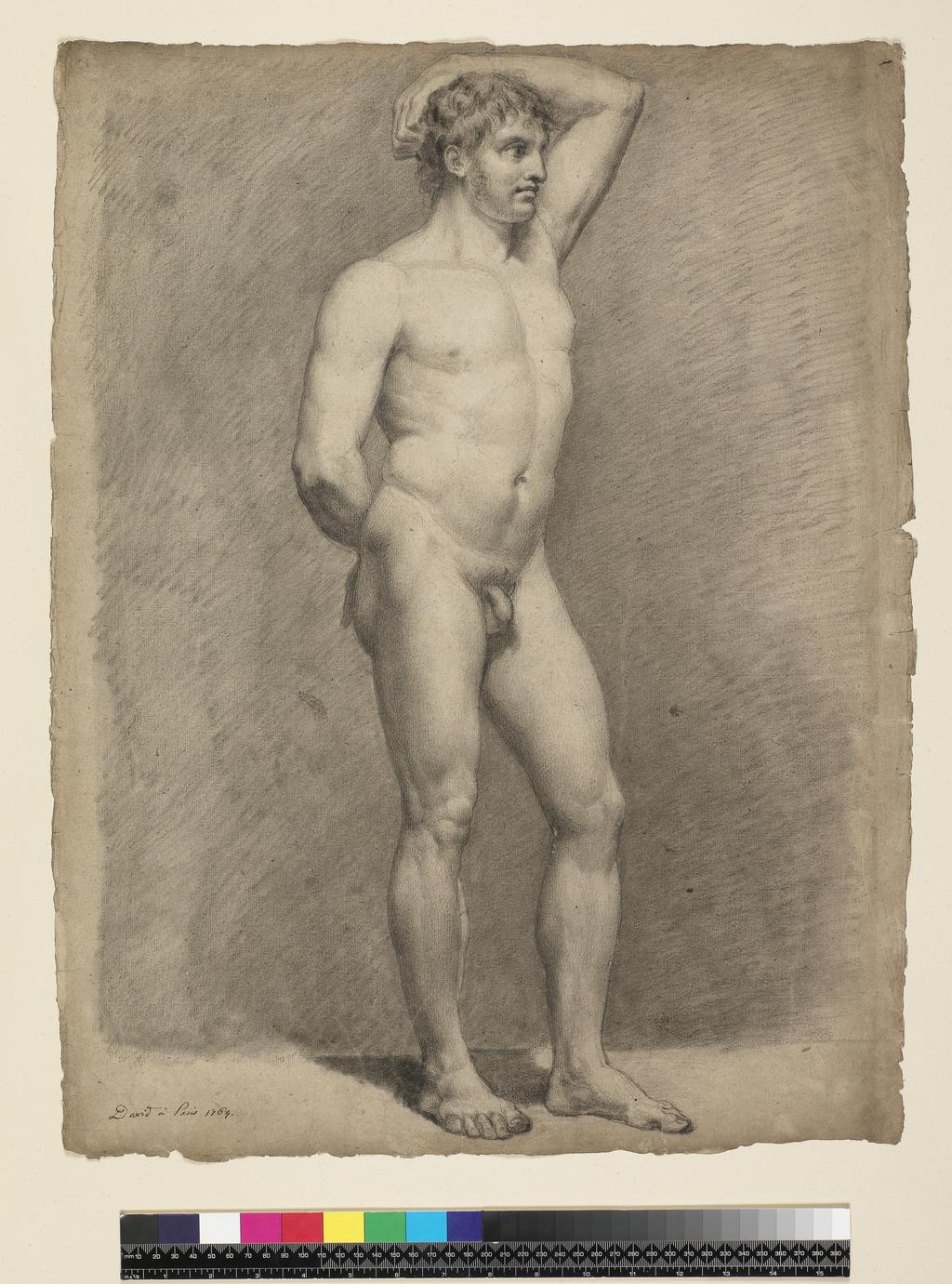 An image of An academy study of a male nude. David, Jacques-Louis, attributed to (French, 1748-1825). Black chalk on off-white paper, laid down, height, paper, 610 mm, width, paper, 470 mm, 1764.