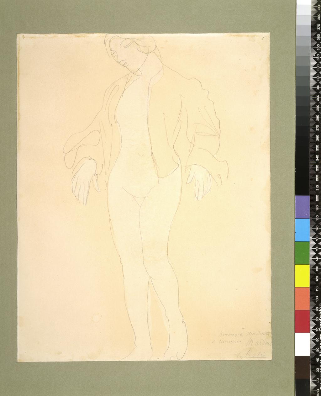 An image of Title/s: A nude female dancer Maker/s: Rodin, Auguste (draughtsman) [ULAN info: French artist, 1840-1917] Technique Description: graphite outline with watercolour washes, on paper Dimensions: height: 320 mm, width: 250 mm 