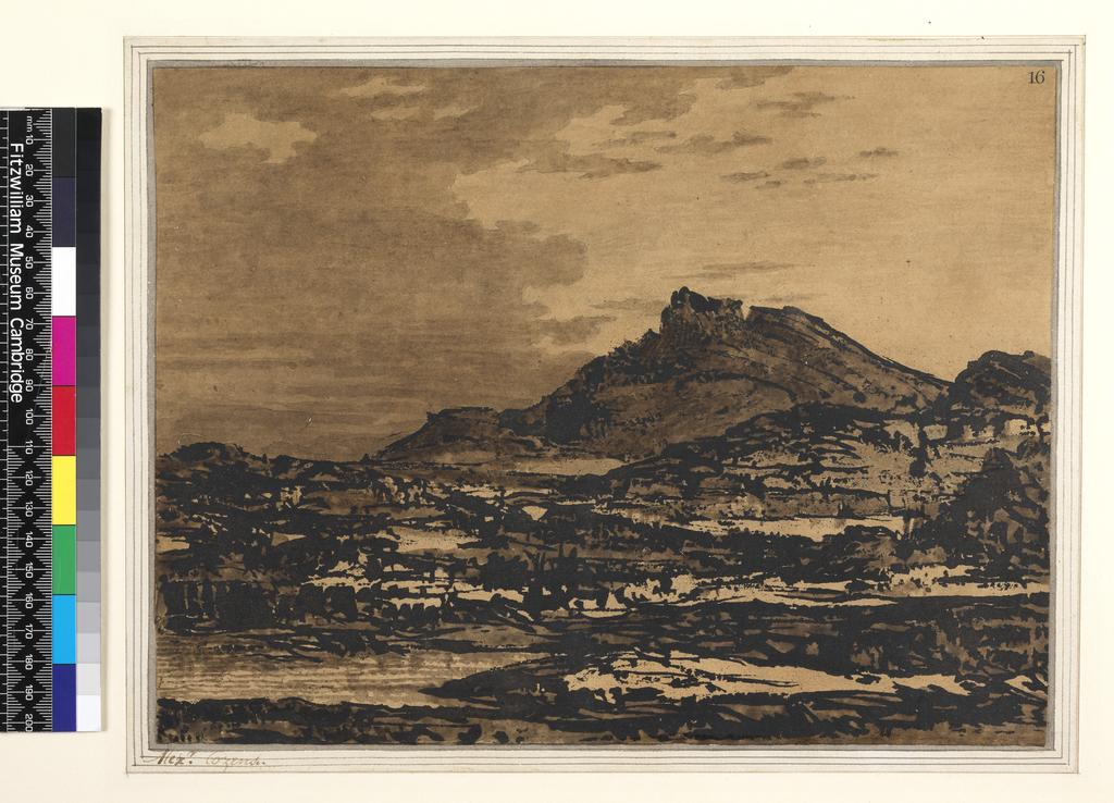 An image of Landscape with a dark hill. Cozens, Alexander (British, c.1717-1786). Brown ink, with brown wash, graphite in sky, on paper, laid down, height 222 mm, width 293 mm.