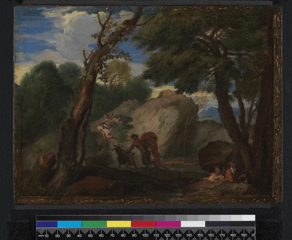 An image of Landscape with mythological figures. Mola, Pier Francesco (Italian, 1612-1666). Oil on canvas, height 18.4 cm, width 24.7 cm, 18th century. Production Note: Formerly attributed to (?) Italian School, and to Gaspard Poussin in Founder's collection.