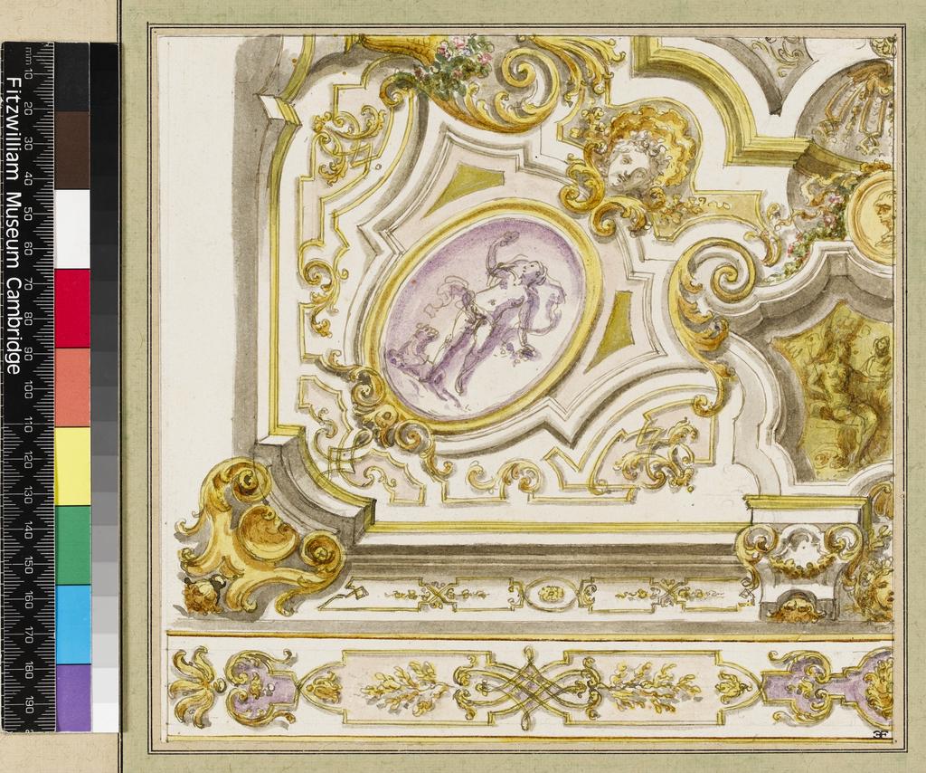 An image of Title/s: Design for a ceiling decoration Maker/s: Valeriani, Giuseppe (draughtsman) [ULAN info: Italian artist, op.1742-m.1761]Technique Description: pen and watercolour over graphite on paper Dimensions: height: 204 mm, width: 210 mm