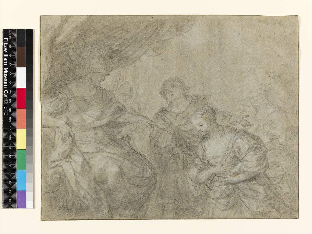 An image of Title/s: The Continence of ScipioMaker/s: Rocca, Michele (Parmigianino) attributed to (draughtsman) [ULAN info: Italian artist, c.1670/5-p.1751]Technique Description: black chalk, heightened with white on grey paper, stuck down Dimensions: height: 226 mm, width: 288 mm