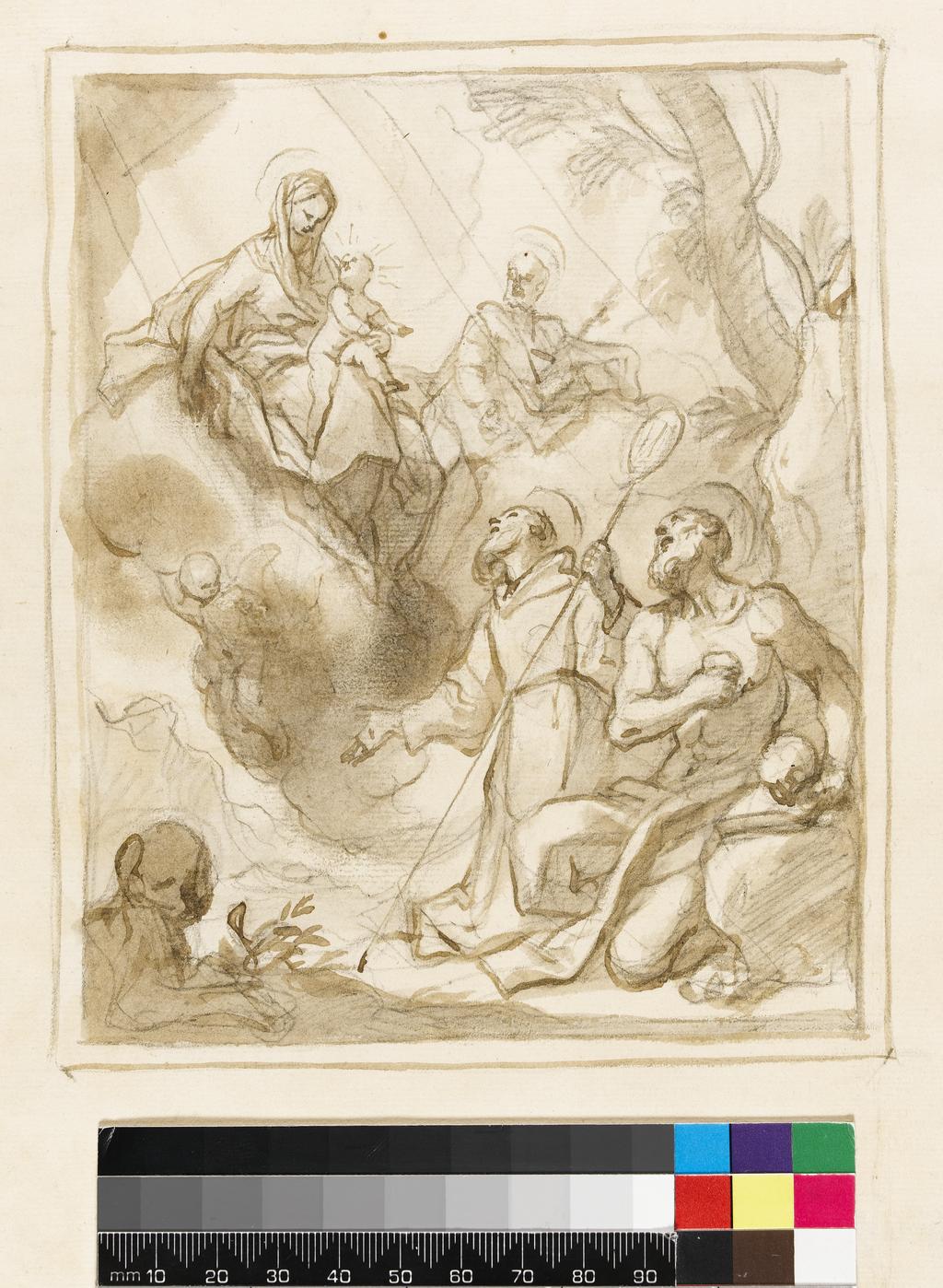 An image of Title/s: The Holy Family adored by St Francis and St Jerome Maker/s: Piola, Domenico I (draughtsman) [ULAN info: Italian artist, 1627-1703]Technique Description: black chalk, pen and brown ink, brown and grey wash, on paper Dimensions: height: 168 mm, width: 140 mm