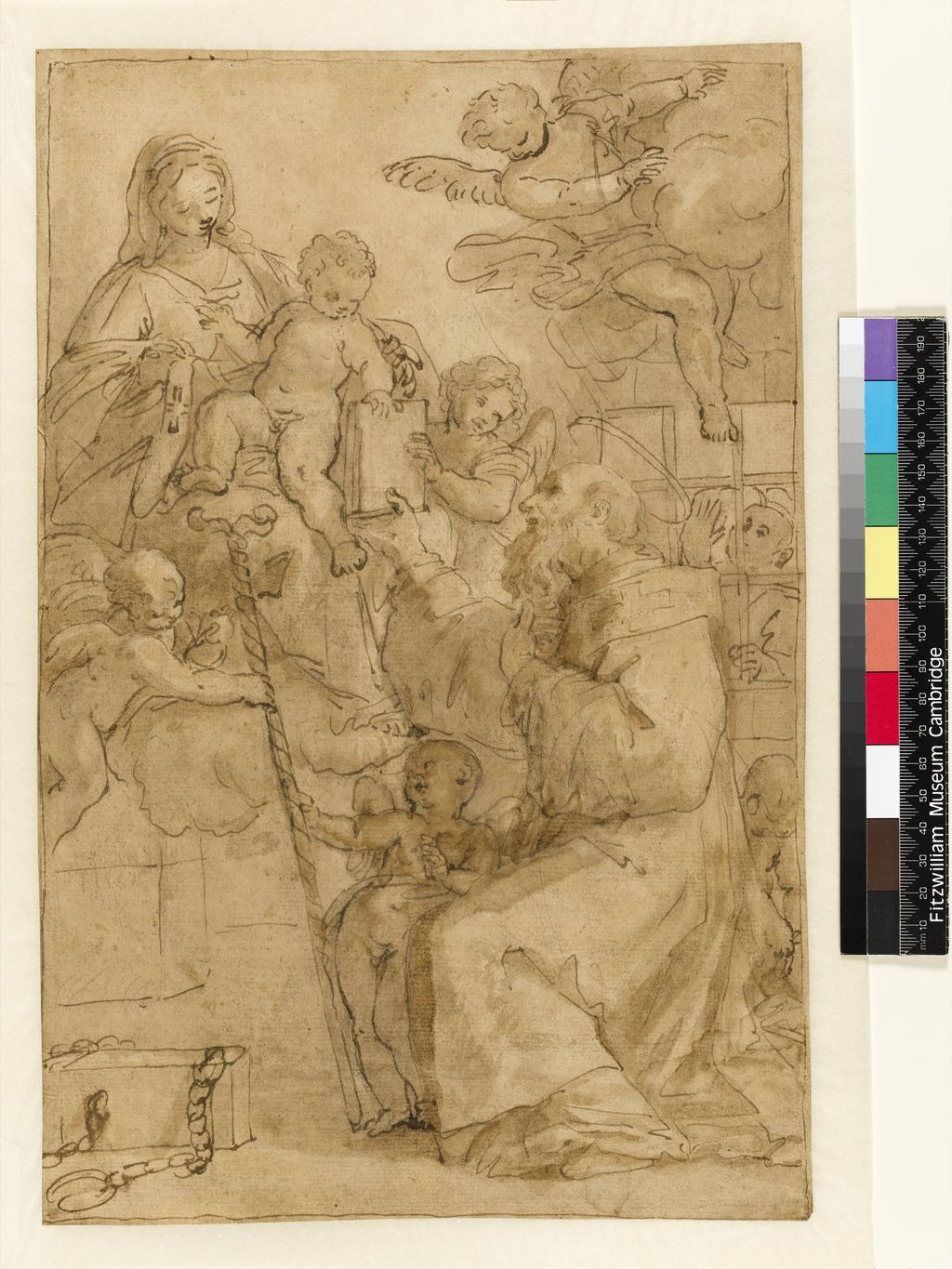 An image of Title/s: The Virgin and Child appearing to S. Girolamo Emiliani (or Miani) in prison Maker/s: Pietri, Pietro Antonio de (draughtsman) [ULAN info: Italian artist, 1663-1716]Technique Description: pen and brown ink, brown wash on buff paper, a line of brown ink borders it on all sides Dimensions: height: 365 mm, width: 238 mm