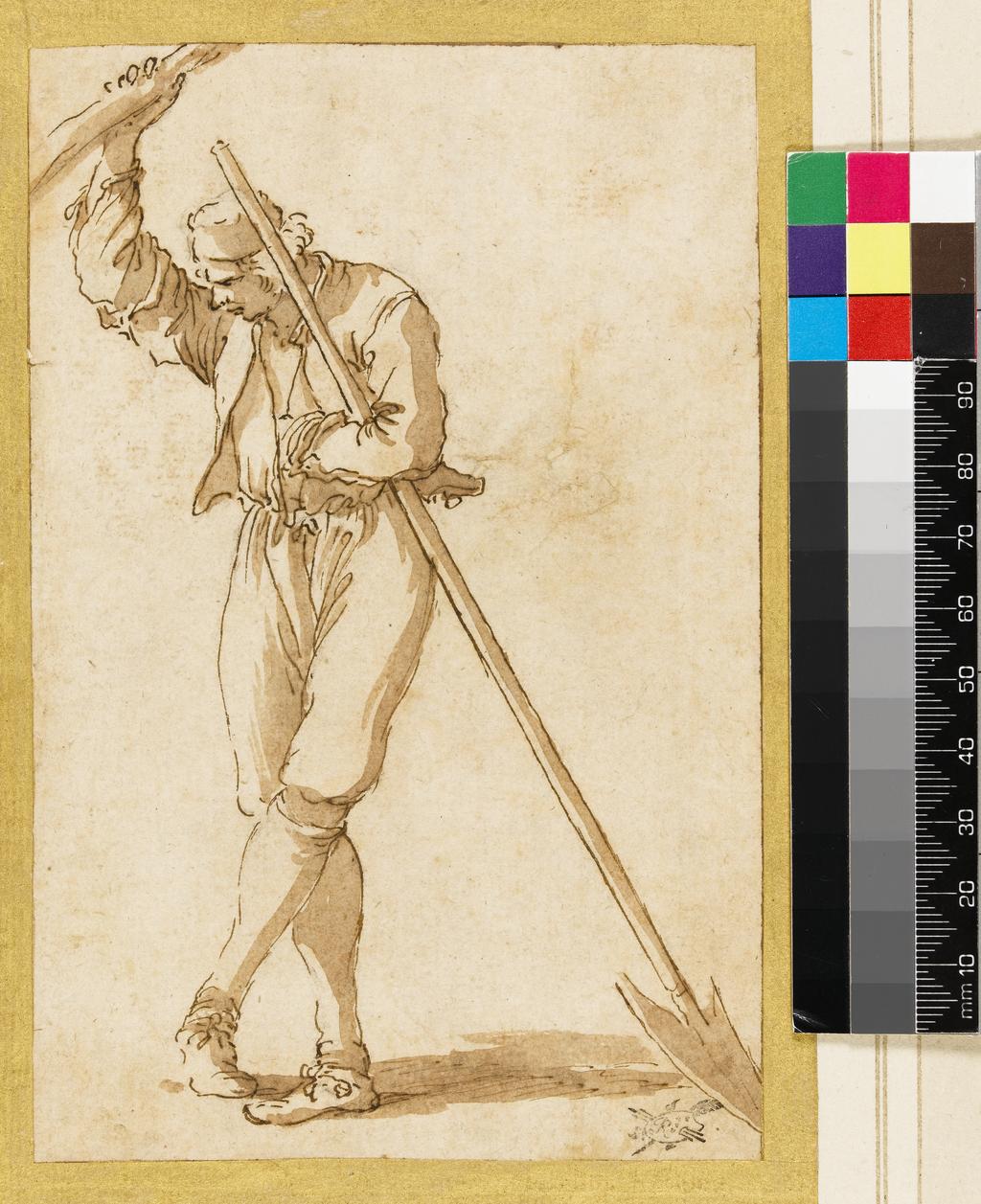 An image of Title/s: Young man leaning on a spade, holding a branch of a tree Maker/s: Rosa, Salvator (draughtsman) [ULAN info: Italian artist, 1615-1673]Technique Description:  pen and brown ink, brown wash, on paper, stuck downDimensions: height: 157 mm, width: 112 mm
