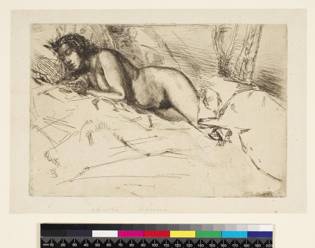 An image of A Venus. Whistler, James Abbott McNeill (American, 1834-1903). Print, etching, black carbon ink on Antique laid paper, height, plate, 152 mm, width, plate, 225 mm, height, sheet, 179 mm, width, sheet, 261 mm, 1859.