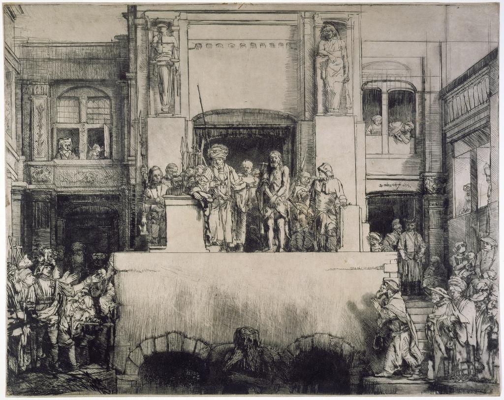 An image of Christ presented to the People. Rembrandt Harmensz. van Rijn (Dutch, 1606-1669). Drypoint, black carbon ink on Oriental paper, height, plate, 358, mm, width, plate, 452 mm, height, sheet, 362 mm, width, sheet, 454 mm, 1655. State VII/VIII.