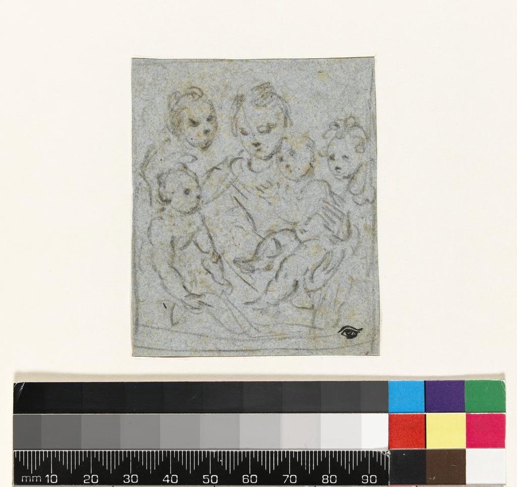 An image of Title/s: The Madonna and Child with Saints and the Infant John the Baptist Maker/s: Schedoni, Bartolomeo attributed to (draughtsman) [ULAN info: Italian artist, 1578-1615]Technique Description: black chalk on blue paper Dimensions: height: 75 mm, width: 63 mm