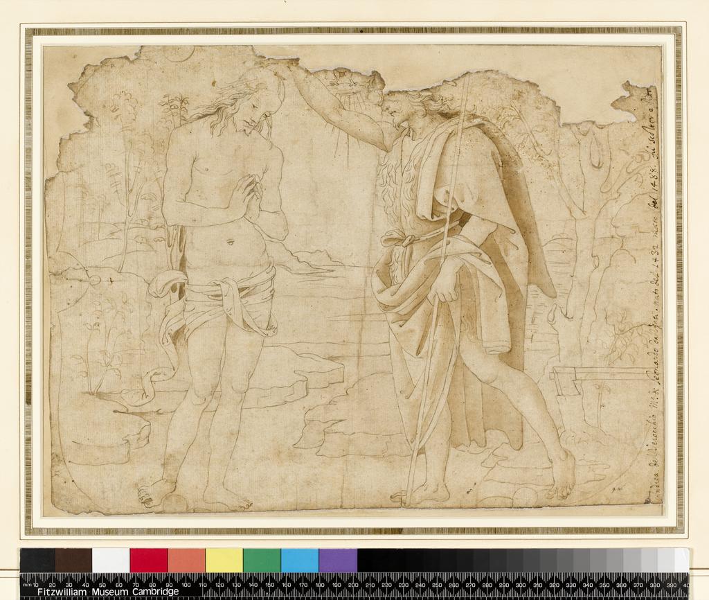 An image of Title/s: Baptism of Christ (recto title) 
Maker/s: Perugino (Pietro di Cristoforo Vannucci) attributed to (draughtsman) [ULAN info: Italian artist, c.1450-1523]
Technique Description: recto: pen and brown wash v 
Dimensions: height: 280 mm, width: 368 mm

 

 
