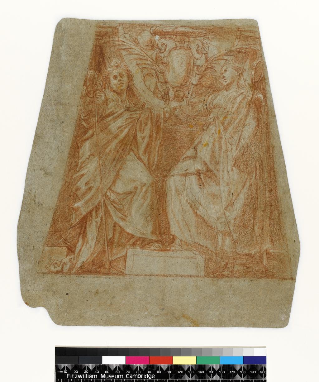An image of Title/s: Justice and Prudence supporting the arms of Cardinal Bolognetti (recto title) 
Maker/s: Cesi, Bartolomeo attributed to (draughtsman) [ULAN info: Italian artist, 1556-1629]
Technique Description: recto: red chalk, heightened with white on blue-green paper, squared in red chalk, corner, lower right, torn away  
Dimensions: height: 301 mm, width: 281 mm

 


 
