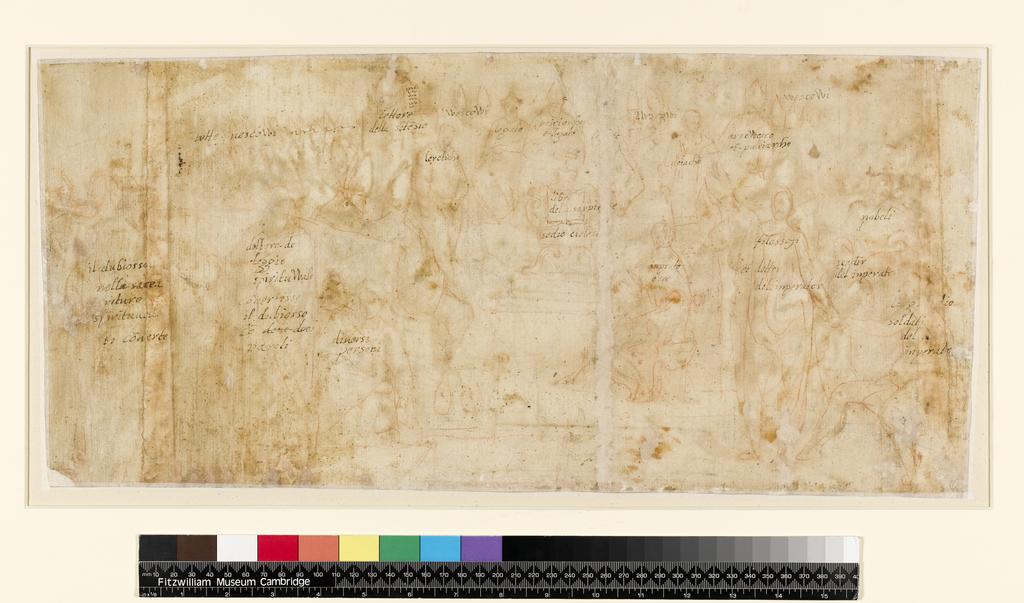 An image of Title/s: The Council of Nicaea (recto title) 
Maker/s: Nebbia, Cesare (draughtsman) [ULAN info: Italian artist, c.1536-c.1614]
Production Notes: The drawing is an early study for the fresco dateable 1588-89 in the Salone Sistino in the Vatican Library 
Technique Description: recto: pen and brown ink, brown wash, over traces of black chalk, on three sheets of paper, joined together
Dimensions: height: 245 mm, width: 528 mm
 

 
