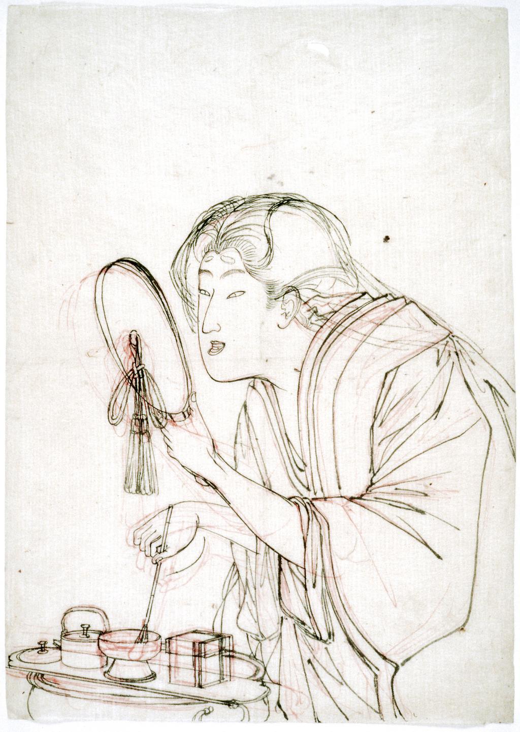An image of A woman applying make-up. Yoshitoshi, Tsukioka (Japanese, 1839-1892). Red and black ink, 1800-1900. 