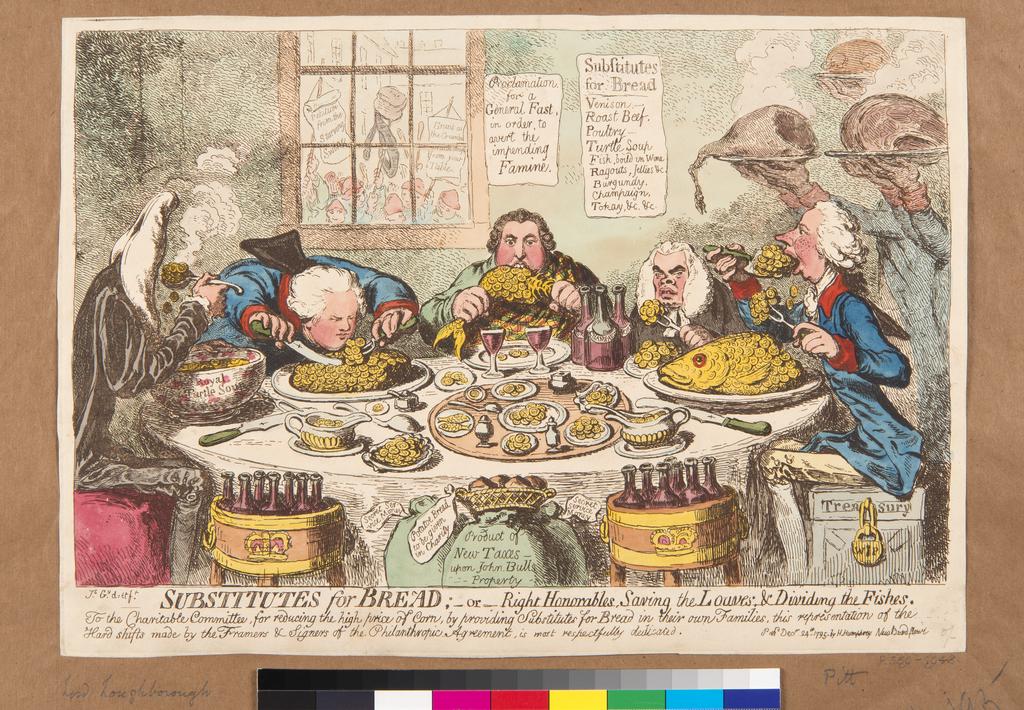 An image of Substitutions for bread; -or, right Honorables, saving the loaves & dividing the fishes. Gillray, James (British, 1757-1815). Humphrey, Hannah, publisher (British, c.1745-1818). Etching, hand colouring, published December 24th 1795.