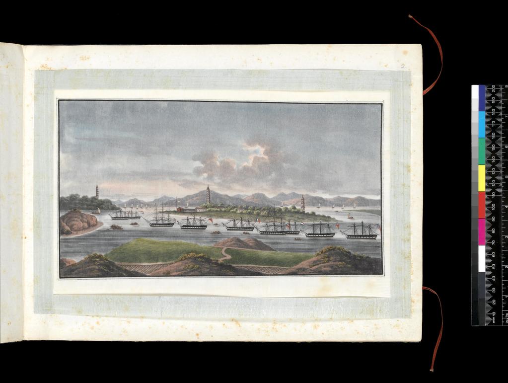 An image of Album: Views of South China. Whampoa. Album containing 4 watercolours on pith paper (folios 1-4) illustrating the journey down the River Pearl made by Western merchant ships. Folios 5-12 are blank. Youqua (Chinese, ac.1840-1870). Watercolour, bodycolour and ink with heightening in white on pith paper, laid lown with with strips of blue silk-covered paper, height 250 mm, width 337 mm, 19th century. Notes: Whampoa is situated 10-16 miles from Canton and was the closest the Western ships could get to port before the water became too shallow. Sampans and other small boats were used to transport the crew and cargo to and from Canton. Export album made for the Western market.
