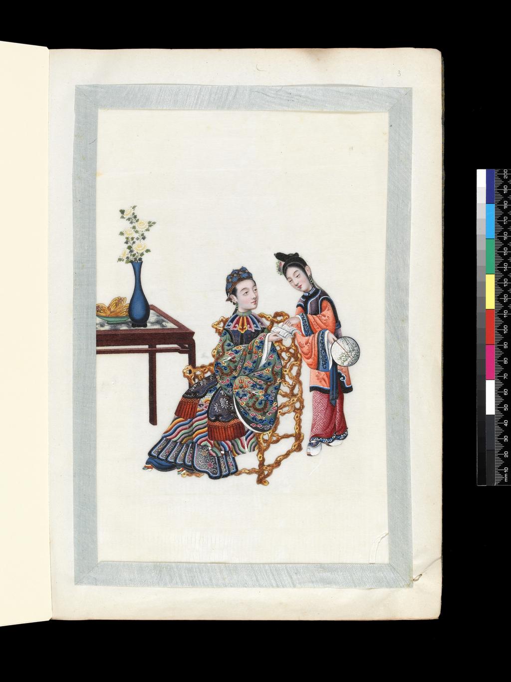 An image of Album: Manchu Officials. Woman with a book. Sunqua, attributed (Chinese, ac.1830-1870). Album containing 12 watercolours (folios 1-12) on pith paper with two blank foilios (front and back, unnumbered). Watercolour, bodycolour, and ink with heightening in white, gold and silver on pith paper, laid down with with strips of blue silk-covered paper, height 365 mm, width 256 mm, 19th century. Chinese. Production Note: Export album made for the Western market.