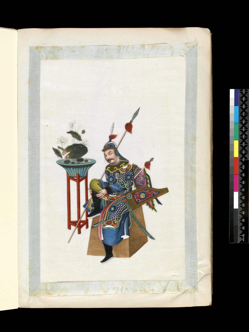 An image of Album: Manchu Officials. Warrior. Sunqua, attributed (Chinese, ac.1830-1870). Album containing 12 watercolours on pith paper. Watercolour, bodycolour, and ink with heightening in white, gold and silver on pith paper, laid down with with strips of blue silk-covered paper, width 256 mm, 19th century. Chinese. Production Note: Export album made for the Western market.