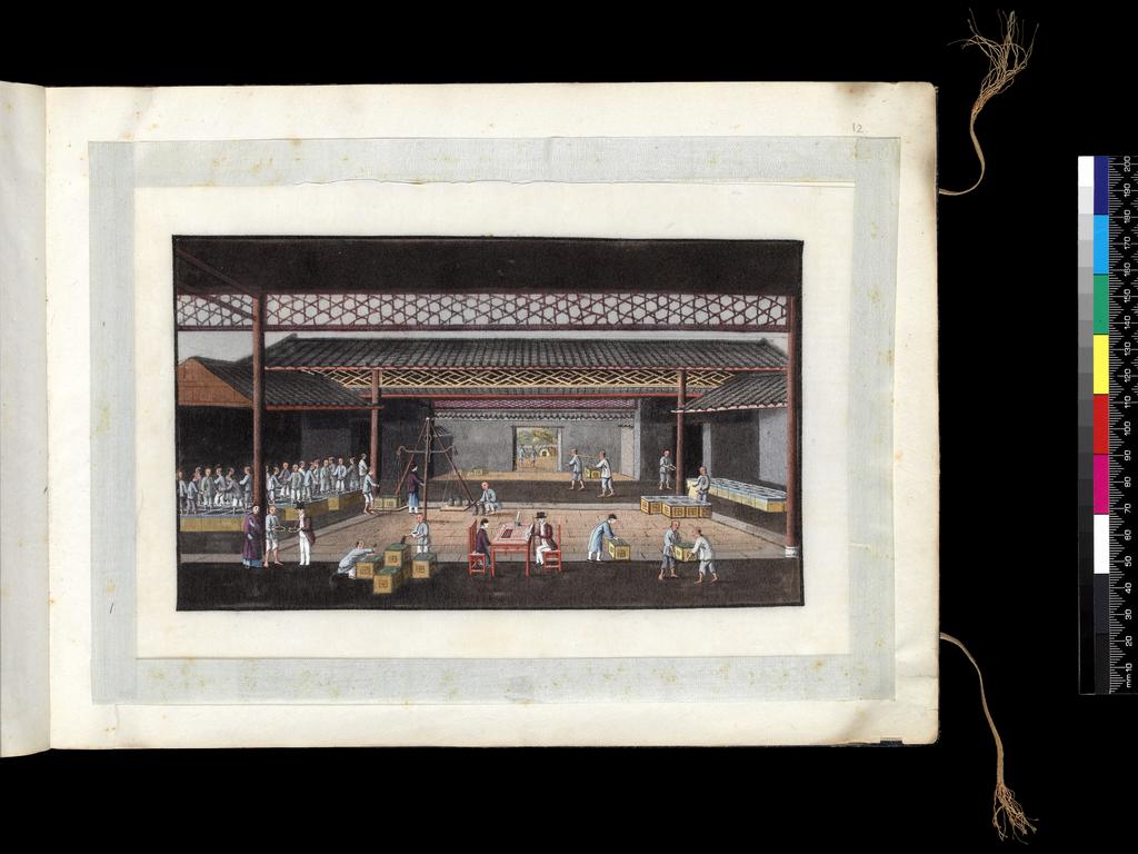 An image of Album: Tea-making. A tea hong at Canton. Packing the crates for shipping to the West on the left; weighing scales; Westerners negotiating the purchase of tea in the foreground; marking and sealing the crates on the right. The junk in the background would transport the tea to a western vessel at Whampoa Anchorage. Youqua (Chinese, ac.1840-1870). Album containing 12 watercolours (foilios 1-12) on pith paper with two blank foilios (front and back, unnumbered). Watercolour, bodycolour, and ink with heightening in white on pith paper, laid down with with strips of blue silk-covered paper, height 250 mm, width 337 mm, 19th century. Chinese. Production Note: Export album made for the Western market.