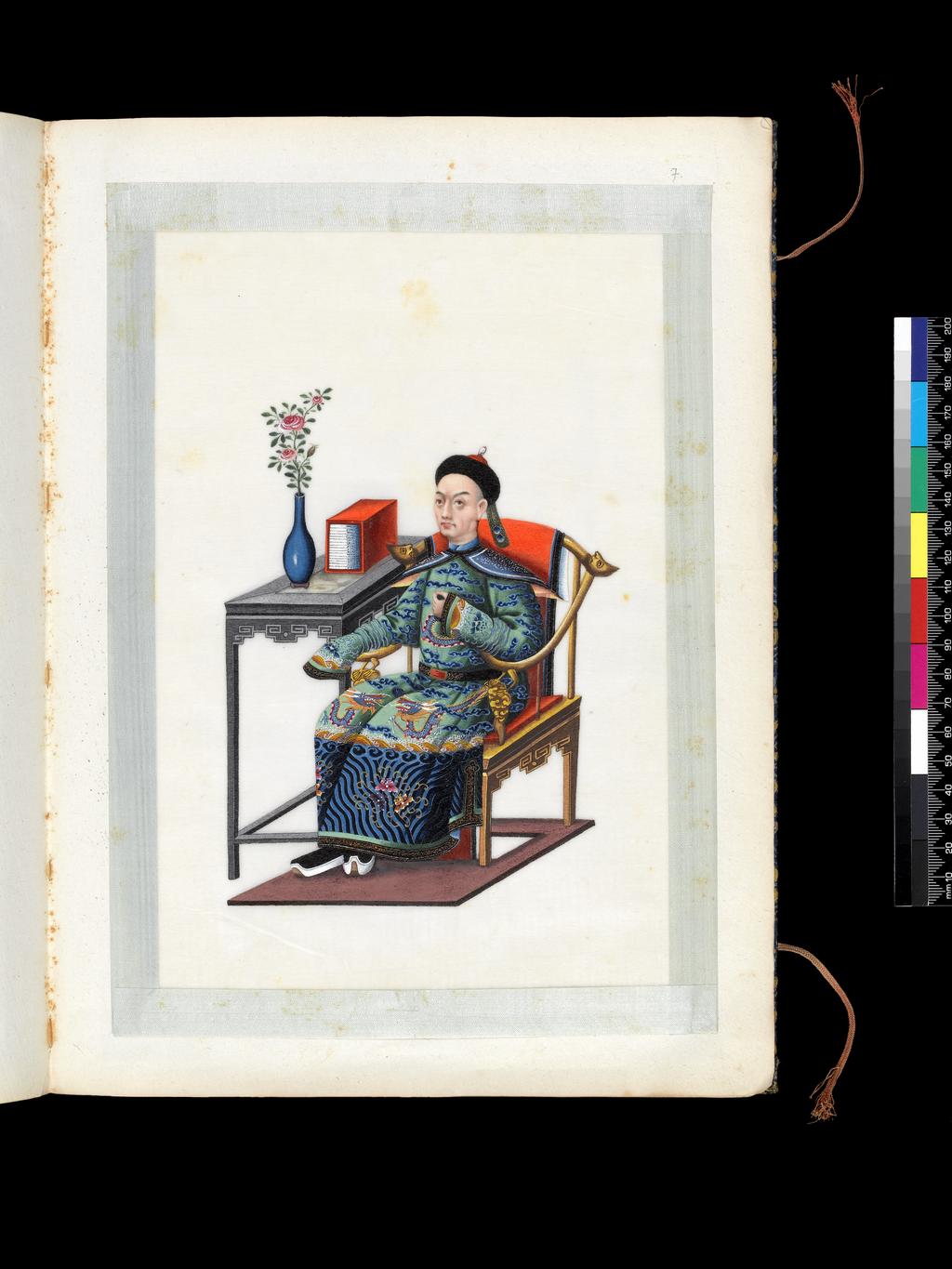 An image of Album: Manchu Officials. Man, seated. Youqua (Chinese, ac.1840-1870). Album containing 12 watercolours on pith paper. Watercolour, bodycolour, and ink with heightening in white and silver, on pith paper, laid down with with strips of blue silk-covered paper, height 336 mm, width 253 mm, 19th century. Chinese. Production Note: Export album made for the Western market.