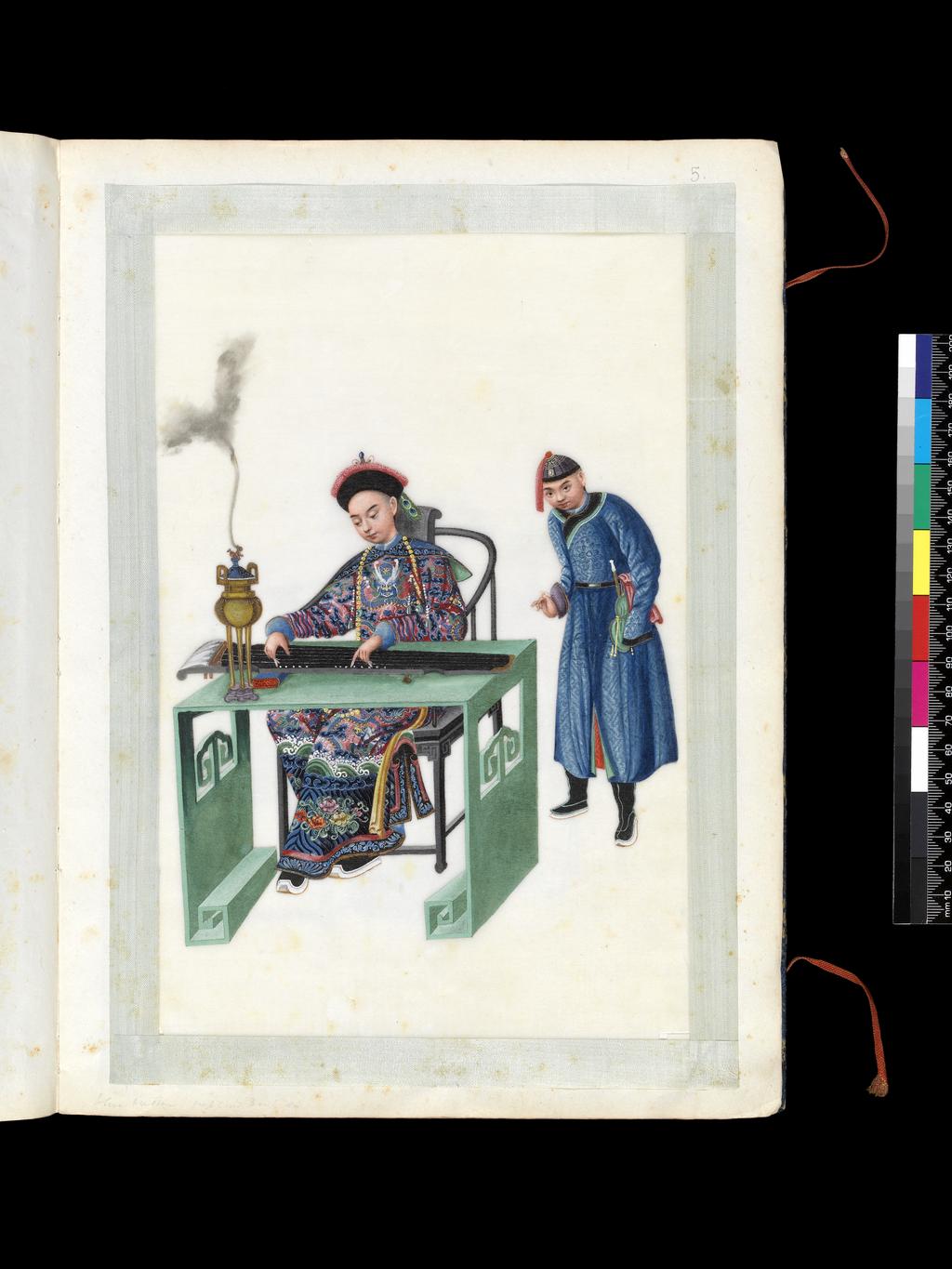 An image of Man playing the zheng. Youqua, Chinese artist (ac.1840-1870). Watercolour, bodycolour, and ink with heightening in white, gold and silver on pith paper, laid down with with strips of blue silk-covered paper, height, 337, mm, width, 250, mm, 19th Century. Chinese. Production Notes: Stamp on the album gives the address of Youqua's first studio, Old Street No.34. He later opened a second in Hong Kong at No.107 Queen's Road.