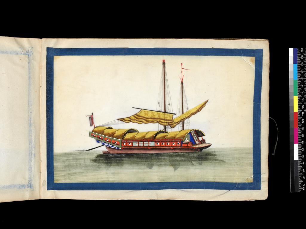 An image of Chinese boats. River boat with sails down. Album containing 12 watercolours on pith paper. Production Place: Guangzhou, historically known as Canton. Watercolour, bodycolour and ink with heightening in white on pith paper, height 250 mm, width 337 mm, 19th Century. Chinese.