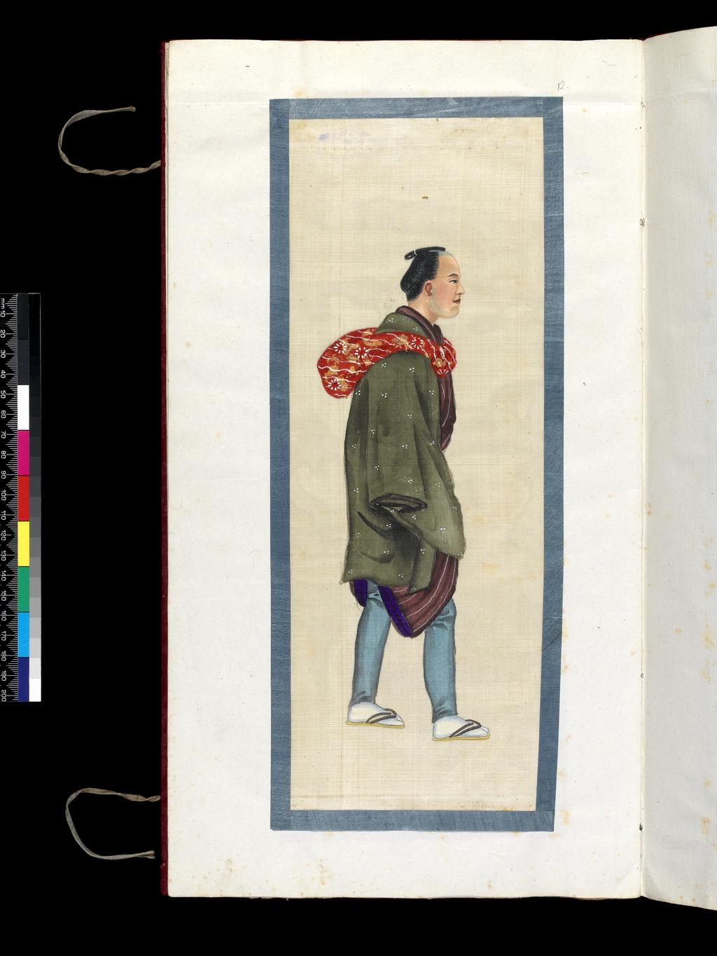 An image of Japanese man. Watercolour with white highlights on silk. Album of Japanese Costume. Album bound in red fabric over board containing 14 folios with 13 drawings pasted in. Height 427 mm, width 233 mm.