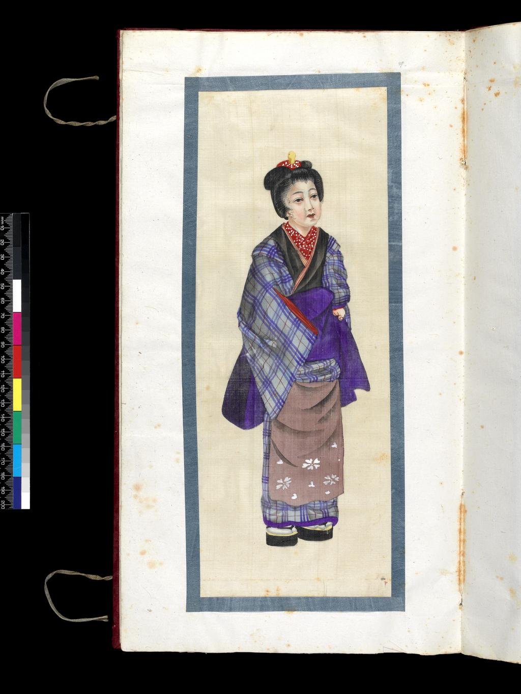 An image of Japanese woman. Watercolour with white highlights on silk. Album of Japanese Costume. Album bound in red fabric over board containing 14 folios with 13 drawings pasted in. Height 427 mm, width 233 mm.