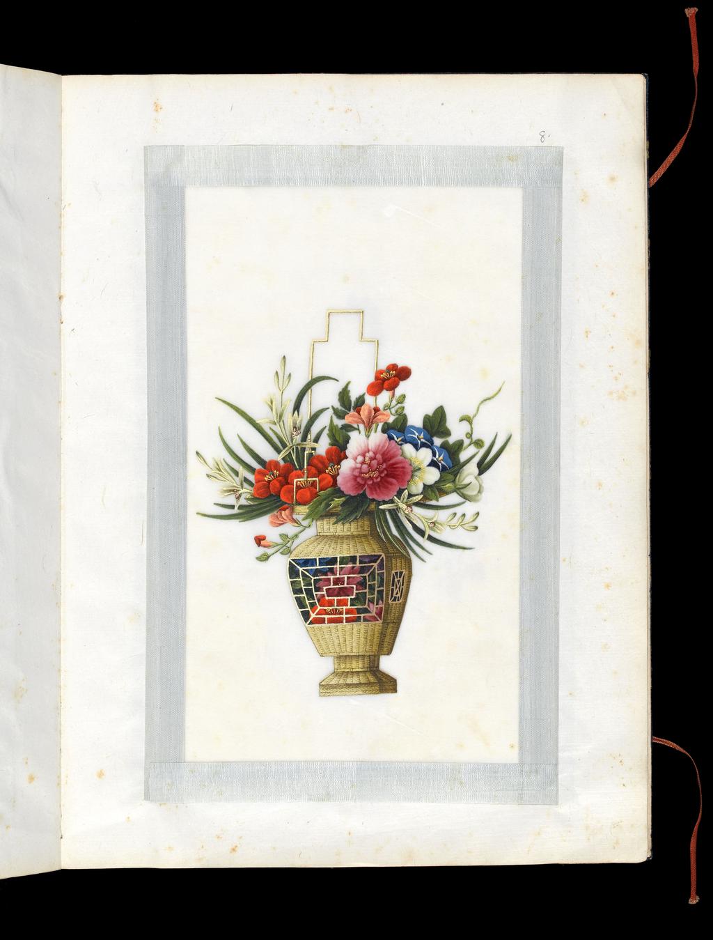An image of Album. Flowers in baskets. Youqua (Chinese, ac.1840-1870). Album containing 12 watercolours (foilios 1-12) on pith paper with two blank foilios (front and back, unnumbered). Production Note: Export album made for the Western market. Paper, silk, height 337 mm, width 250 mm, 19th century. Chinese.