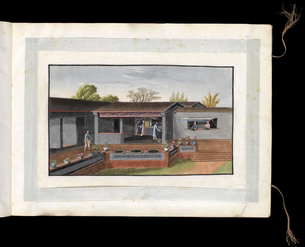 An image of Album: Tea-making. Drying the tea leaves. Youqua (Chinese, ac.1840-1870). Album containing 12 watercolours (foilios 1-12) on pith paper with two blank foilios (front and back, unnumbered). Watercolour, bodycolour, and ink with heightening in white on pith paper, laid down with with strips of blue silk-covered paper, height 250 mm, width 337 mm, 19th century. Chinese. Production Note: Export album made for the Western market.