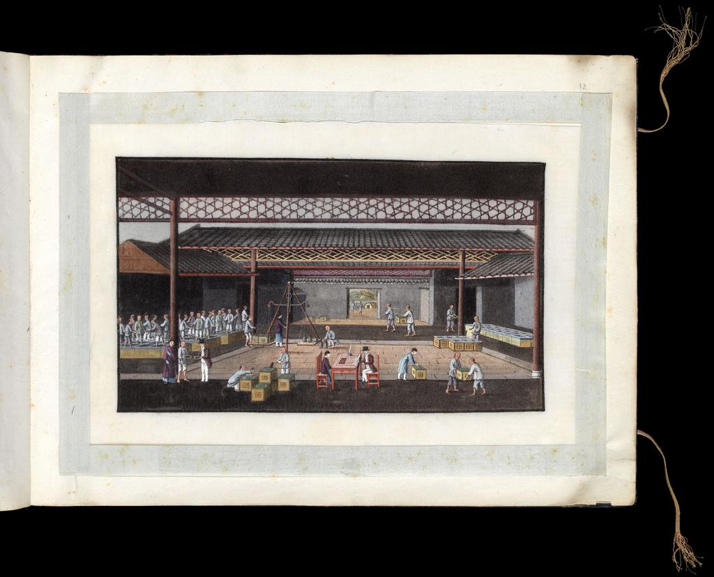 An image of Album: Tea-making. A tea hong at Canton. Packing the crates for shipping to the West on the left; weighing scales; Westerners negotiating the purchase of tea in the foreground; marking and sealing the crates on the right. The junk in the background would transport the tea to a western vessel at Whampoa Anchorage. Youqua (Chinese, ac.1840-1870). Album containing 12 watercolours (foilios 1-12) on pith paper with two blank foilios (front and back, unnumbered). Watercolour, bodycolour, and ink with heightening in white on pith paper, laid down with with strips of blue silk-covered paper, height 250 mm, width 337 mm, 19th century. Chinese. Production Note: Export album made for the Western market.