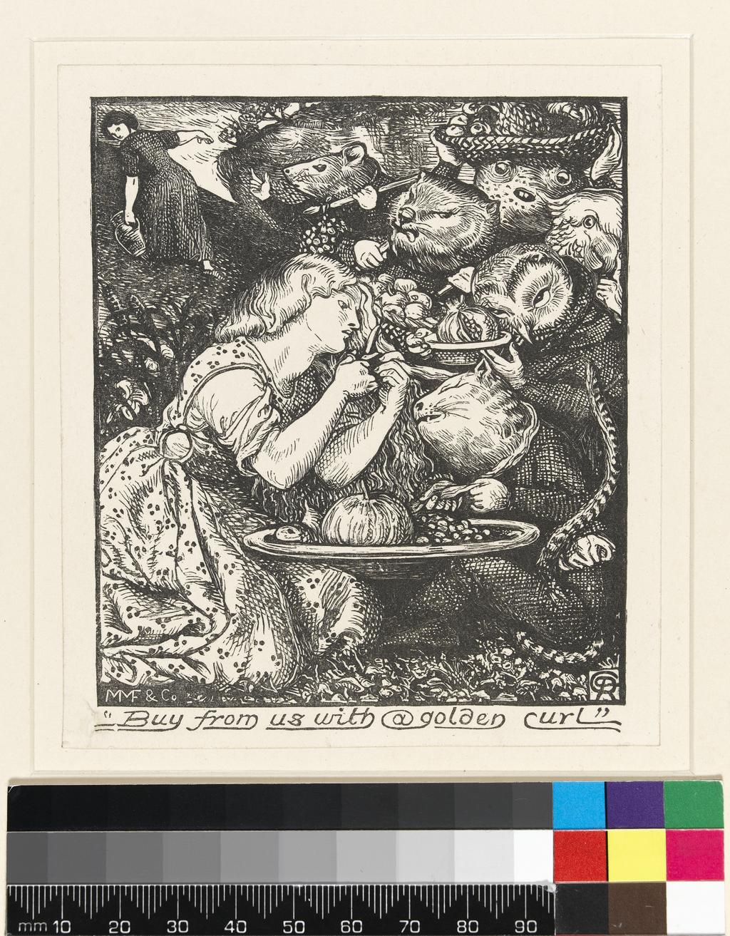An image of Title/s: Buy from us with a golden curlGoblin Market and Other PoemsMaker/s: Rossetti, Dante Gabriel (draughtsman) British artist, 1828-1882Faulkner, John (printmaker) British artist, circa 1830-op.1887Production Notes: Proof. Illustration to Goblin Market and Other Poems by Christina Rossetti, 1862Technique/s: wood engravingMaterial/s:  black carbon ink (Medium), India paper (Support)  Dimensions:  image height: 106 mm, image width: 93 mmDate: circa 1862 