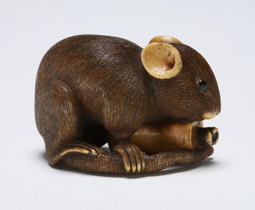 An image of Netsuke. Tadamitsu, Japan. A rat holding a candle-end. Eyes inlaid in a dark glassy material. Ivory, carved and stained, height 3.5 cm, width 4.5 cm.