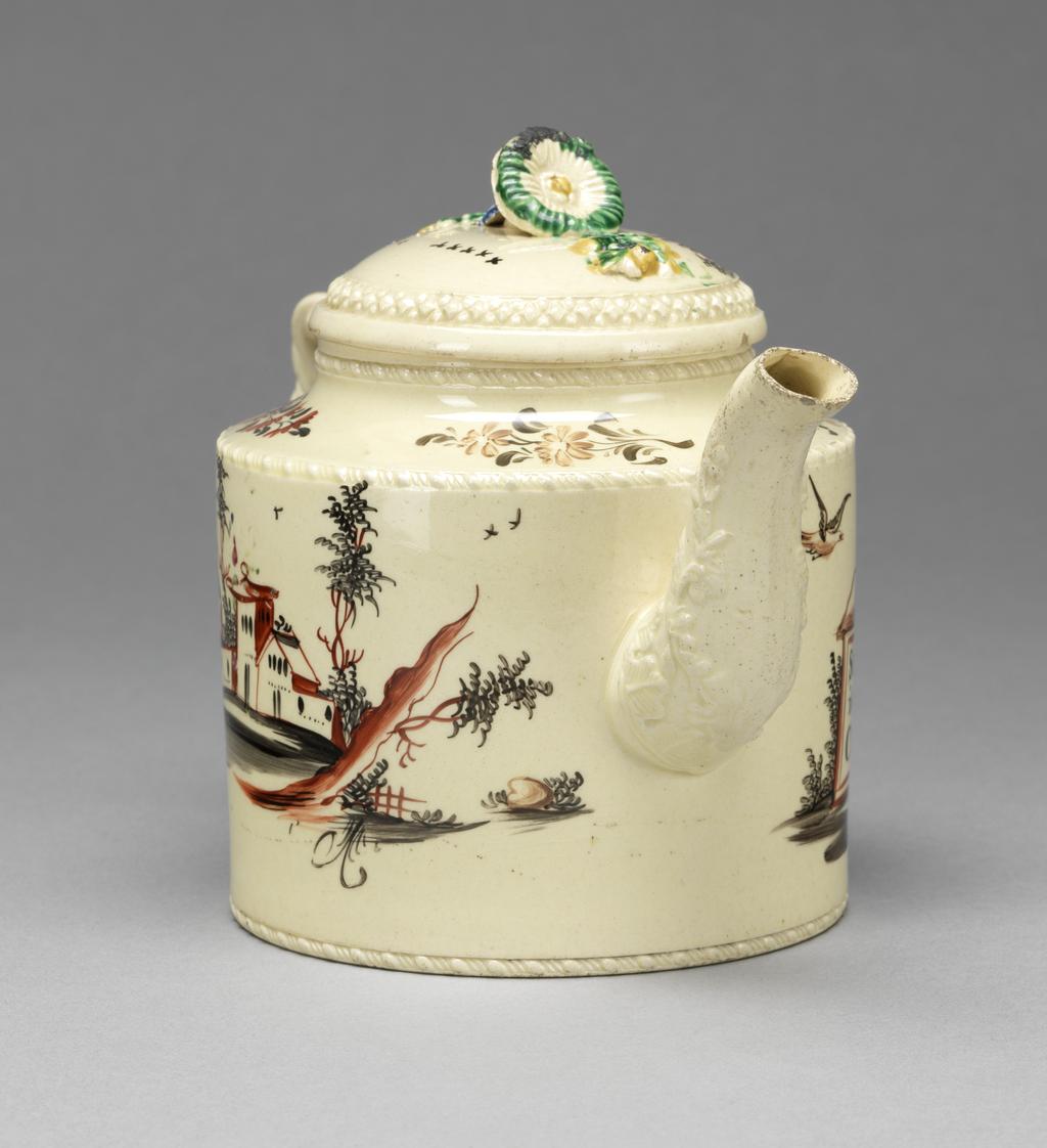 An image of Teapot and cover. Unidentified Yorkshire Pottery or Staffordshire Pottery, England. Painted in red and black enamels with a lady beside a tomb, inscribed 'Solitude/is my/Choice'. The cylindrical body has horizontal bands of rope-like rouletting round the base, shoulder and neck. The spout is moulded in relief with a sprays of foliage and with leaves round its junction with the body. Inside there are seven pierced holes to emit the tea. The two entwined double twist handles have flower and leaf terminals. The domed cover has a ventilation hole, and a band of rouletting round the edge. The applied knob is in the shape of a convolvulus flower with a small flower head and leaf terminal behind it, and a leaf with small flowers in front of it. One side of the pot is decorated in black and red with a bird flying towards a lady seated pensively beside a tomb on which are the words 'Solitude/is my/Choice' , On the other side there are Italianate buildings in a landscape with two trees. The shoulder has four sprays of stylized flowers and foliage. The termals of the handle are painted in blue, green, and yellow. The cover is decorated with similar buildings and schematic flying birds. The knob and its terminals are painted to match those on the handle. Dark cream-coloured earthenware, with applied handle and moulded spout, knob, and terminals, and rouletted borders, lead-glazed, and painted in blue, green, yellow, red and black enamels. Height, whole, 13 cm, length, whole, 19.7 cm, diameter, body, 10 cm, circa 1770-1775. Rococo. Sir Ivor and Lady Batchelor Bequest through the Art Fund.