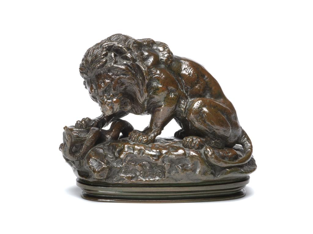 An image of A Lion crushing a Serpent. Barye, Antoine Louis (French, 1796-1875). Bronze, height 16.8 cm, length 21.5 cm, width 10.5 cm, between 1825-1875.