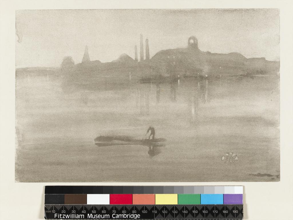 An image of Nocturne: The River at Battersea. Whistler, James Abbott McNeill (American, 1834-1903). Lithotint, grey ink on paper, image height 172 mm, image width 264 mm, 1878. Production Notes: Proof before the dark tint.