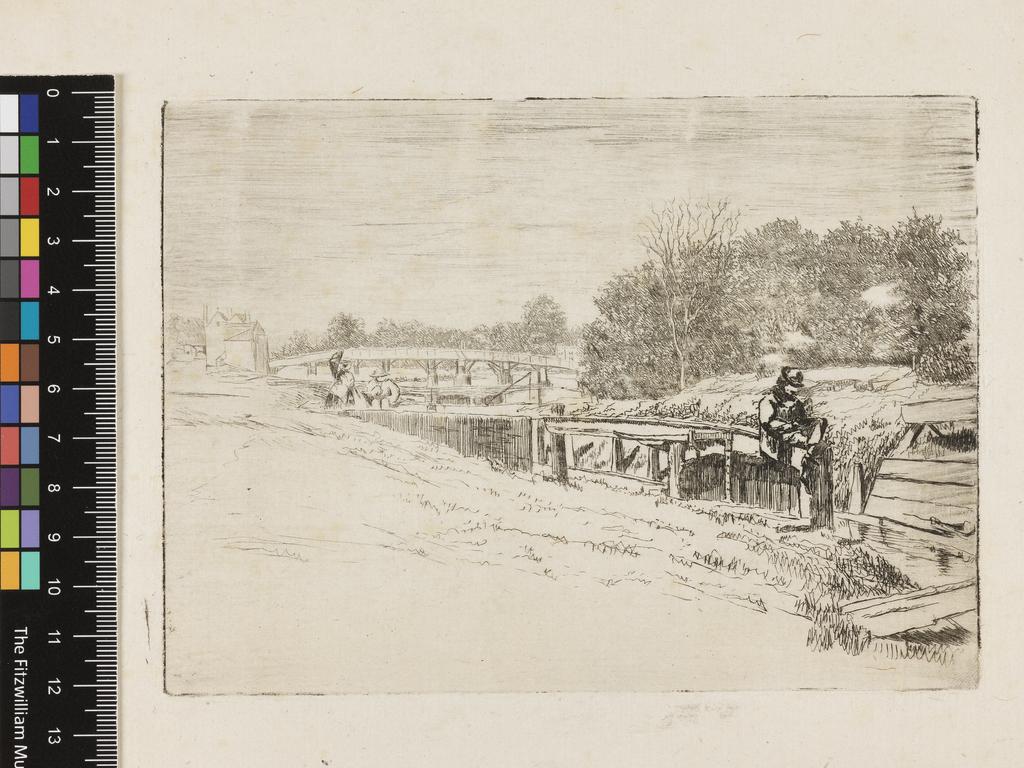 An image of Molesey Lock (Whistler on the gate). Edwards, Edwin (British, 1823-1879). Edwards, Ruth; printer. Etching, black carbon ink on paper, height, plate, 121 mm, width, plate, 166 mm; height, sheet, 188 mm, width, sheet, 263 mm. Alternative Number: Edwards; 33.