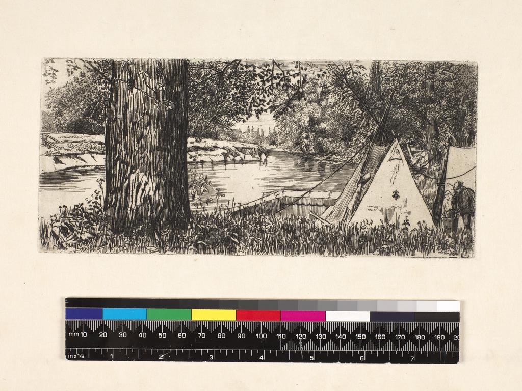 An image of Our camp at Mapledurham. Edwards, Edwin (British, 1823-1879). Edwards, Ruth; printer. Etching, black carbon ink on paper, height, plate, 100 mm, width, plate, 222 mm; height, sheet, 238 mm, width, sheet, 332 mm, 1861. Alternative Number(s): Edwards; 39. Béraldi; 51.