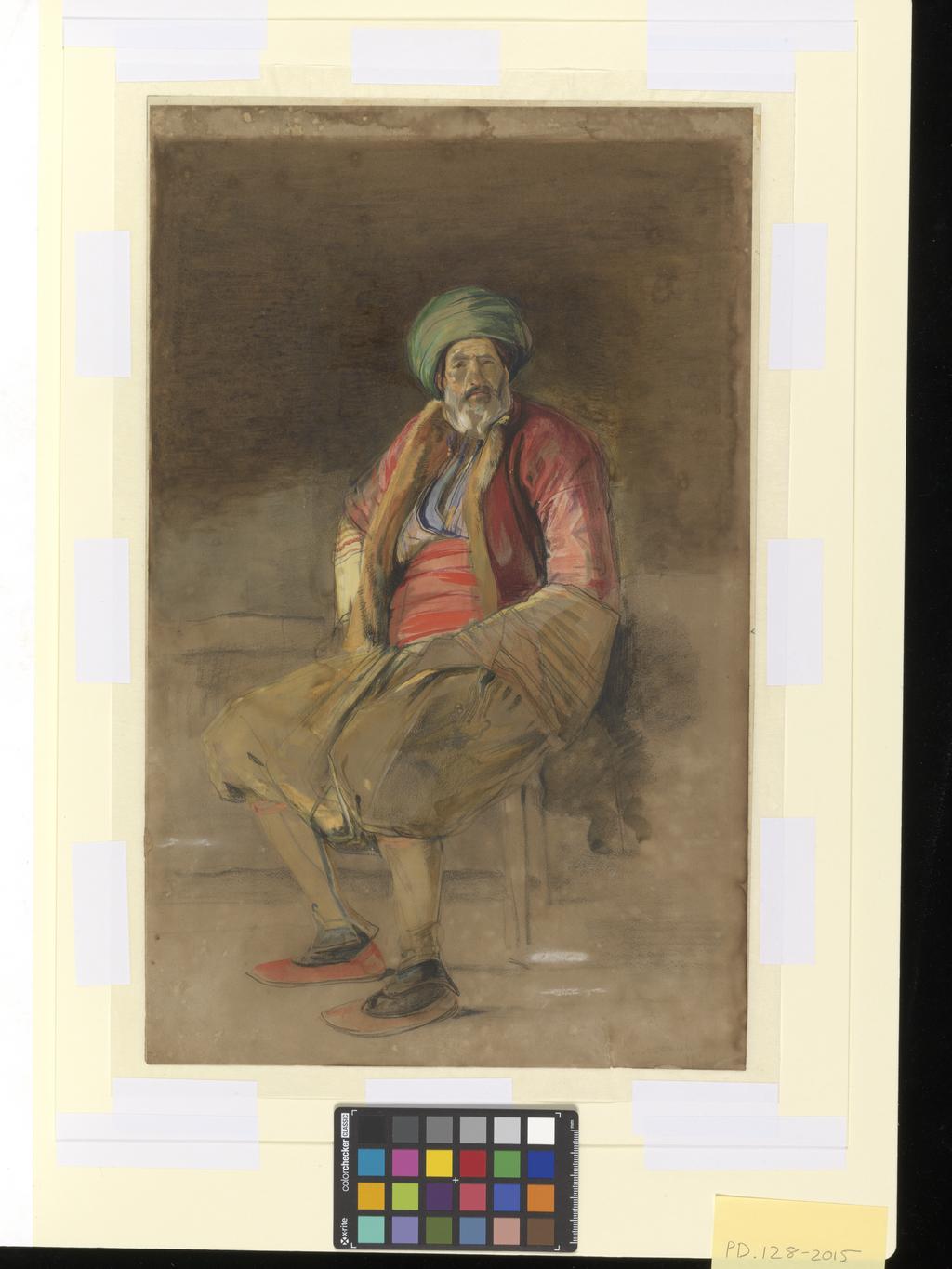 An image of Portrait of an old Turk, seated, full length. Lewis, John Frederick (British, 1805-1876). Watercolour, bodycolour and black chalk, height, sheet, 423 mm, width, sheet, 270 mm, 19th century. Sir Ivor and Lady Batchelor Bequest.