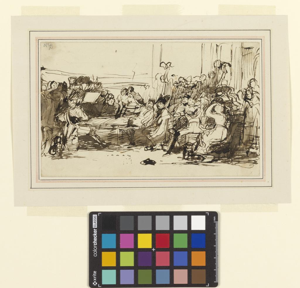 An image of Design for 'The Chelsea Pensioners reading the news of the Battle of Waterloo'. Wilkie, David (British, 1785-1841). Pen and brown ink, 1820. Sir Ivor and Lady Batchelor Bequest.