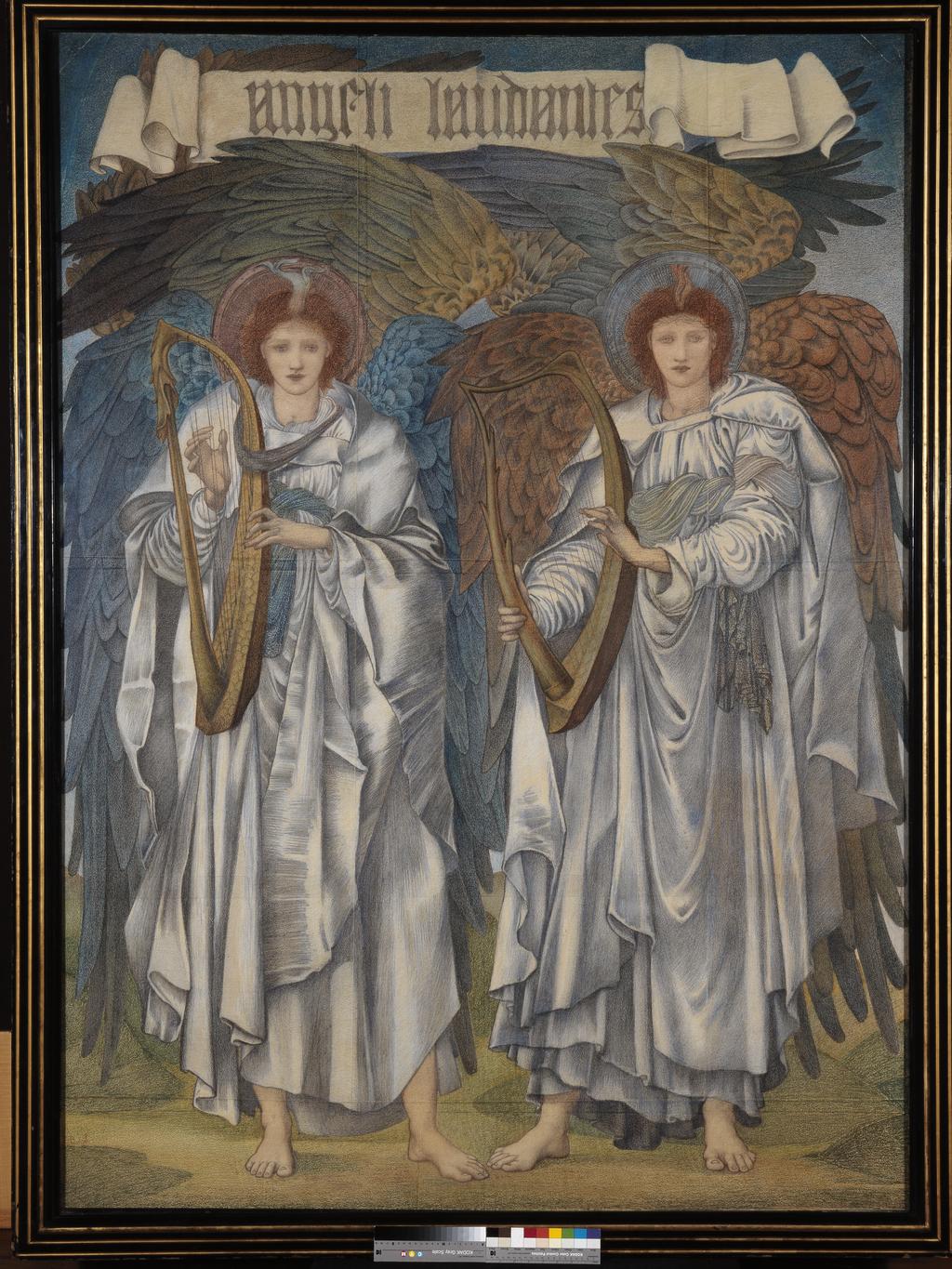 An image of Angeli Laudantes (Salisbury Cathedral). Burne-Jones, Edward (British, 1833-1898). Coloured chalks on paper, stretched over a canvas-covered frame, height 2128 mm, width 1543 mm. Related Object  699.1 - Angeli Ministrantes.