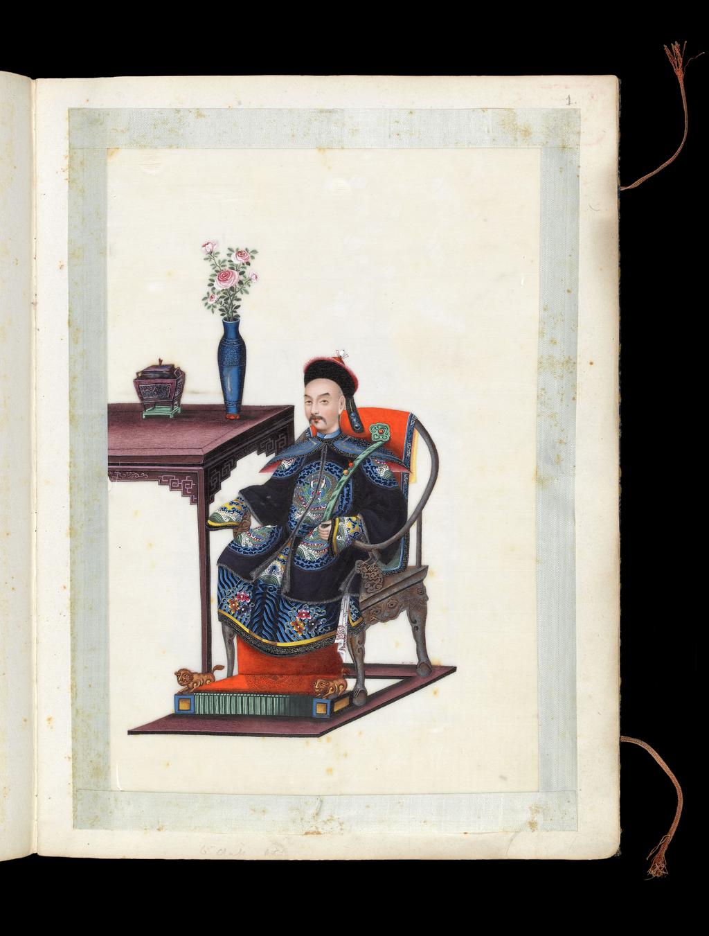 An image of Album: Manchu Officials. Youqua (Chinese, ac.1840-1870). Album containing 12 watercolours on pith paper. Watercolour, bodycolour, and ink with heightening in white and silver, on pith paper, laid down with with strips of blue silk-covered paper, height 336 mm, width 253 mm, 19th century. Chinese. Production Note: Export album made for the Western market.