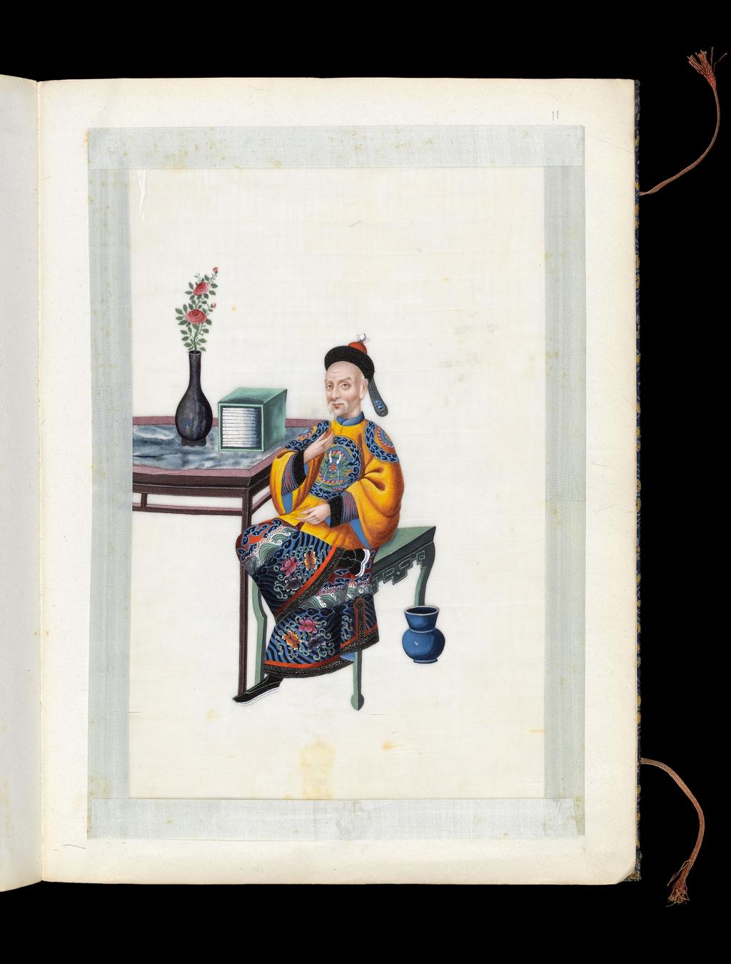 An image of Album: Manchu Officials. Youqua (Chinese, ac.1840-1870). Album containing 12 watercolours on pith paper. Watercolour, bodycolour, and ink with heightening in white and silver, on pith paper, laid down with with strips of blue silk-covered paper, height 336 mm, width 253 mm, 19th century. Chinese. Production Note: Export album made for the Western market.