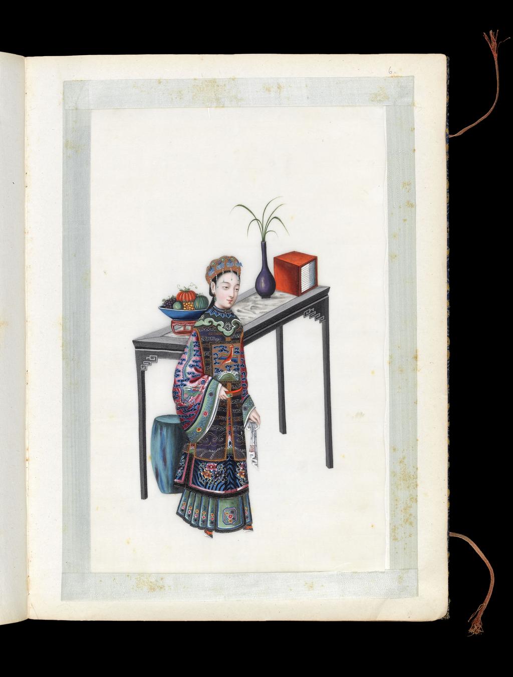 An image of Album: Manchu Officials. Woman, standing. Youqua (Chinese, ac.1840-1870). Album containing 12 watercolours on pith paper. Watercolour, bodycolour, and ink with heightening in white and silver, on pith paper, laid down with with strips of blue silk-covered paper, height 336 mm, width 253 mm, 19th century. Chinese. Production Note: Export album made for the Western market.