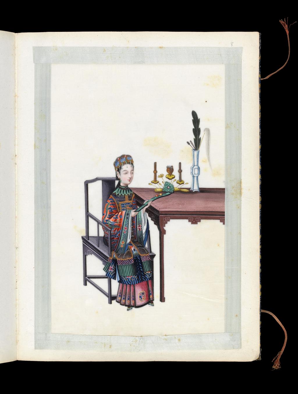 An image of Album: Manchu Officials. Woman seated beside a candelabra. Youqua (Chinese, ac.1840-1870). Album containing 12 watercolours on pith paper. Watercolour, bodycolour, and ink with heightening in white and silver, on pith paper, laid down with with strips of blue silk-covered paper, height 336 mm, width 253 mm, 19th century. Chinese. Production Note: Export album made for the Western market.